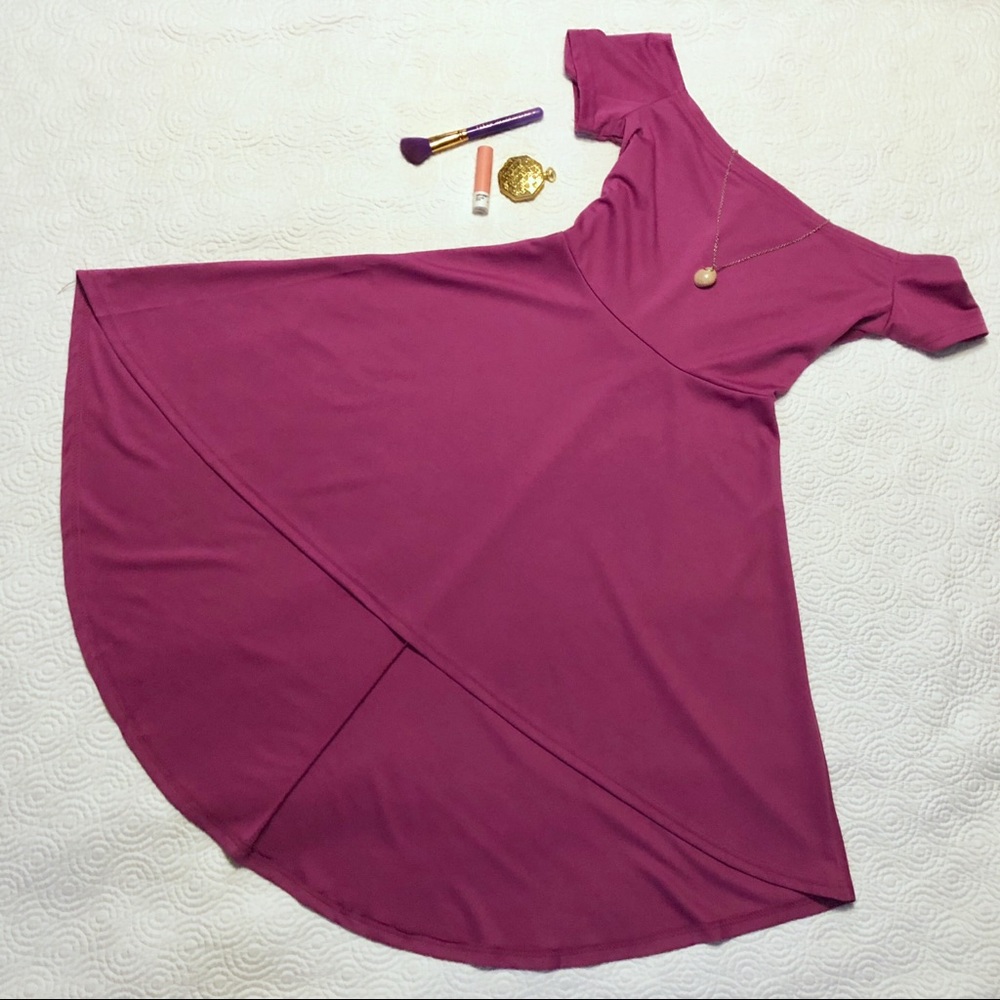 Fashion fuchsia off shoulder hi low dress